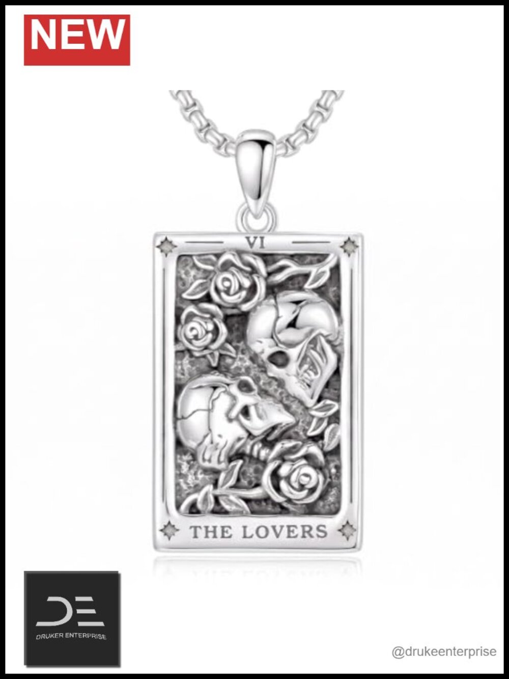 Sterling Silver Skull Tarot Card Necklace Gothic Pendant Jewelry for Women Men